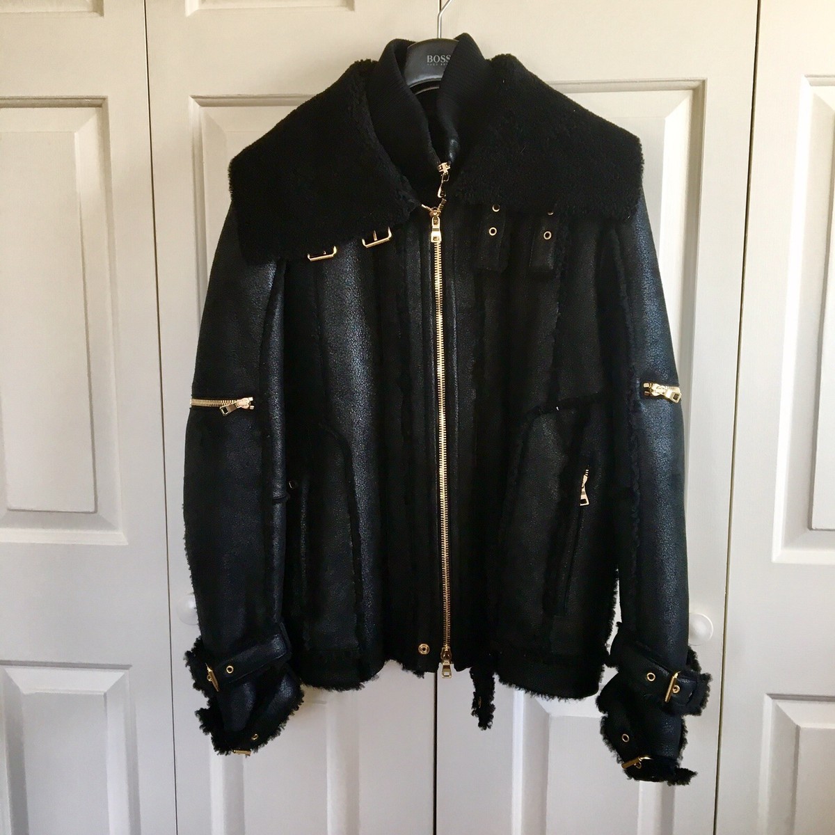 ジャケット・アウター BALMAIN Fur coat Balmain Leather Fur Trimmed Jacket Coat in Black Size 38 Or