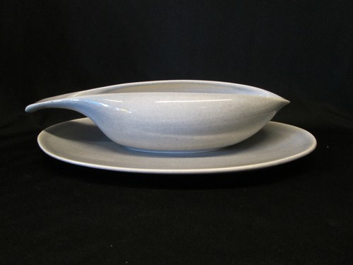 Russel Wright Pottery Gray Grey GRAVY SERVING BOAT w/ Oval Drip Underplate MCM - Picture 2 of 8