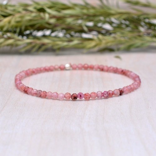 Pink Strawberry Quartz Micro Faceted Round Tiny Beads Stretchable Bracelet 6-8" - Picture 8 of 9