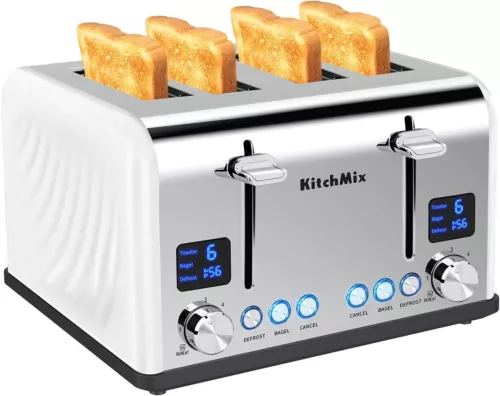 KitchMix Bagel Stainless 4 Slice Toaster with LCD Timer&Extra Wide Slots