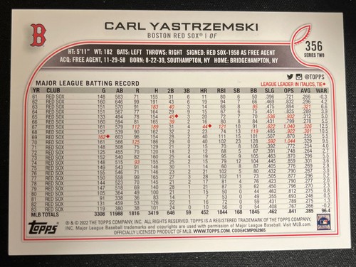 2022 Topps Series 2 - SP Greats Variation #356 Carl Yastrzemski - Picture 2 of 2