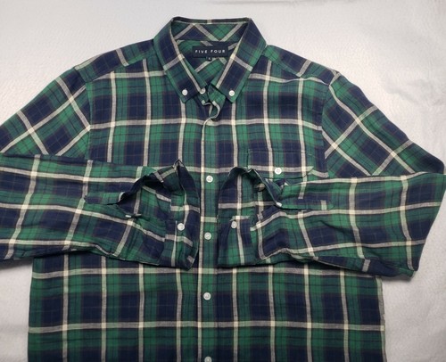 Five Four Shirt Mens L Large Blue Green Plaid Camping Linen Cotton Long Sleeve - Picture 11 of 11