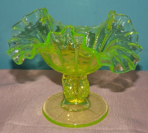 Fenton Topaz Vaseline Uranium Glass Beaded Ruffled Compote Candle Holder - Picture 6 of 10