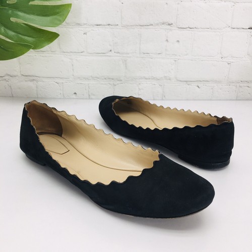 Zapatos planos de ballet Chloe Lauren para mujer 7,5/38 festoneados de cuero negro gamuza sin cordones - Imagen 4 de 12