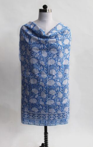 Indian Handmade Blue White Floral Hand Block Print Cotton Scarves Cotton Sarong - Picture 3 of 4