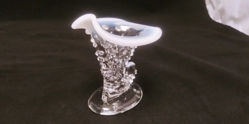 Vintage Fenton White Opalescent Hobnail RUFFLED  Cornucopia Vase 6"