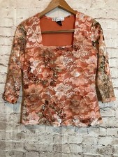 Dressbarn Top Womens Medium Peach & Pink Floral Floral Mesh Square Neck Dainty