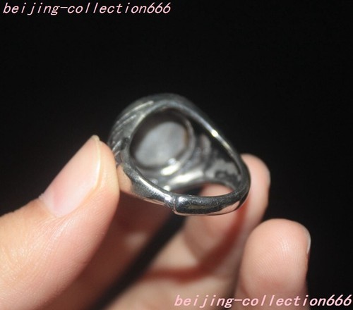 1.2" Old Tibetan Tibet silver Agate Onyx pair dzi Feng Shui Exorcism amulet Ring - Picture 6 of 6