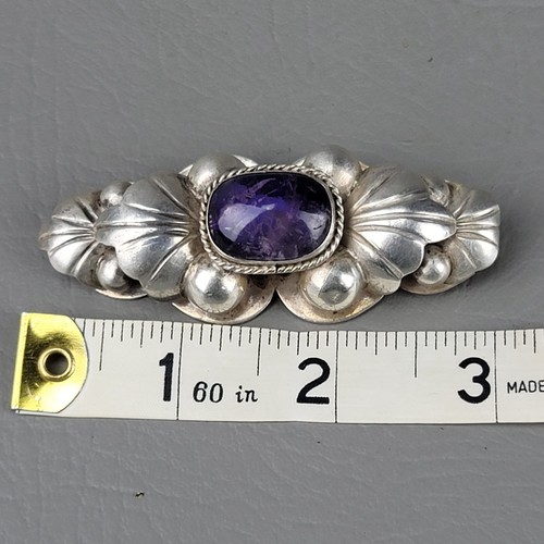Vintage Mexico Sterling Silver Amethyst Pin Brooch w/ Unique Sweater Prongs LG - Picture 7 of 7