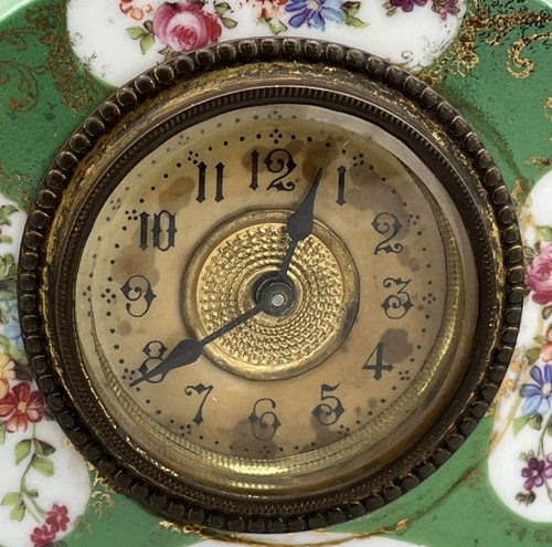 Antike 1910er Royal Austria O&E.G Porzellan Kaminuhr grün Blumen Vögel 15cm - Bild 6 von 13