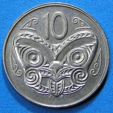 New Zealand 10 Cents Coin 1988 Maori Mask Koruru, 23.62 mm, Combined Shipping
