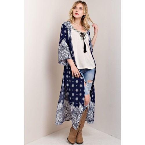 Kimono Kori America Plumero Azul Marino Largo Boho Talla S