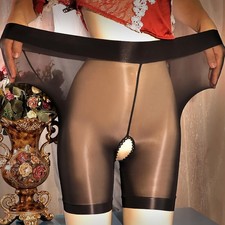 Women's Oil Shiny Glossy Panties Underwear See Through Open Crotch Boxer Shorts