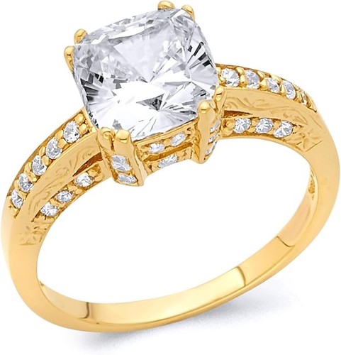 4 Ct Cushion Round Cut Simulated Solid 14K Yellow Gold Hidden Halo Wedding Ring - Picture 1 of 3