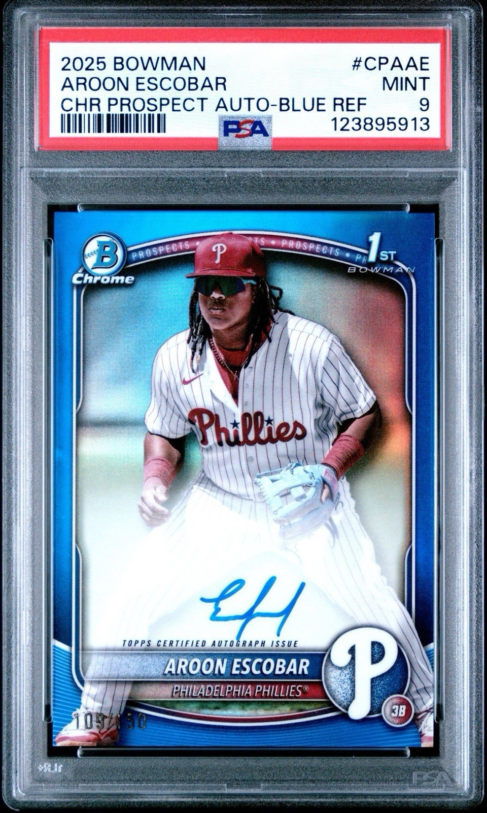 2025 1st Bowman Chrome Blue Refractor Aroon Escobar Auto /150 Phillies PSA 9
