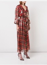 Alice + Olivia Chap Dress Plaid Wrap Metallic Red Tie Waist Midi Silk Size 2 NWT