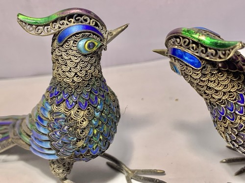 A Pair Antique Chinese Silver Enamel Filigree Pheasant Birds - Picture 8 of 21