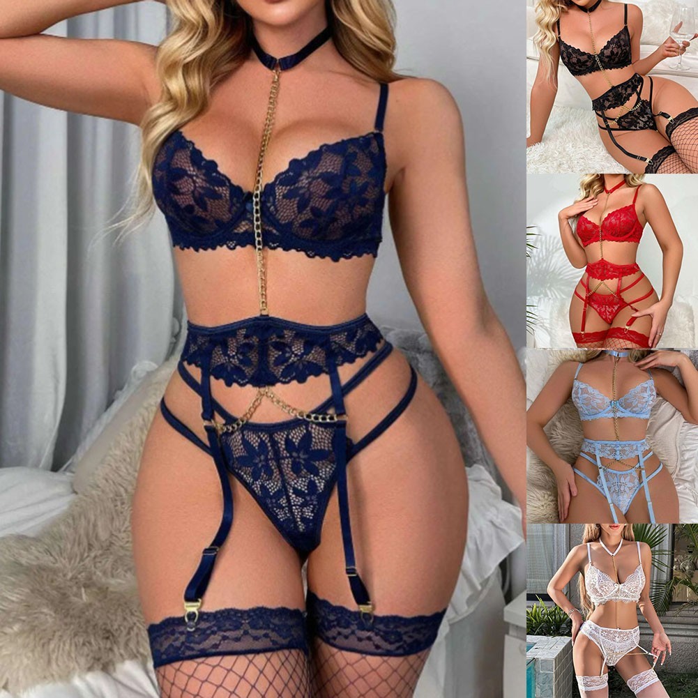 Dessous Set für Damen Spitzen BH Strumpfgürtel und