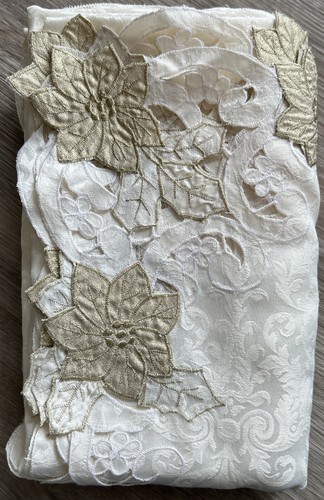 "Mantel de pascua dorado de Navidad bordado festoneado 97""x 57"" marfil" - Imagen 1 de 6