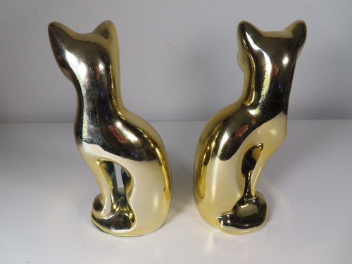 Vintage 8" Gold Ceramic Cat Figurine Statue Pair / Set of 2 MCM Taiwan - Picture 3 of 5