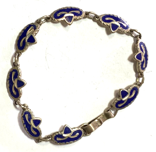 Sterling Silver Mexico Chip Inlay Lapis Sombreros Hat 9mm Bracelet 7.5" - Picture 4 of 4