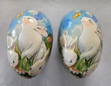 2 See's Candy Paper Mache Easter Egg Bunny Rabbit Empty Containers, 2003, 6x4"
