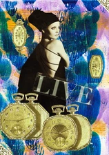 Mixed Media Gel Print Collage Woman Time Art - Listen to the Music, 5" x 7" OOAK