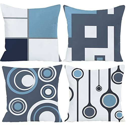 Set of 4 White Gray Blue Modern Abstract Geometric Throw Pillow Covers 18x18 - Bild 1 von 6