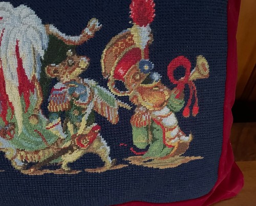 Wunderschöner Vintage Wolle Nadelspitze Petit Point Maus Band Urlaub Kissen 20 "x 15" - Bild 2 von 5