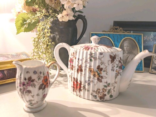 Vintage Noritake Autumn Glory Teapot & Creamer Japan Ribbed Floral Gold Trim - Picture 7 of 14