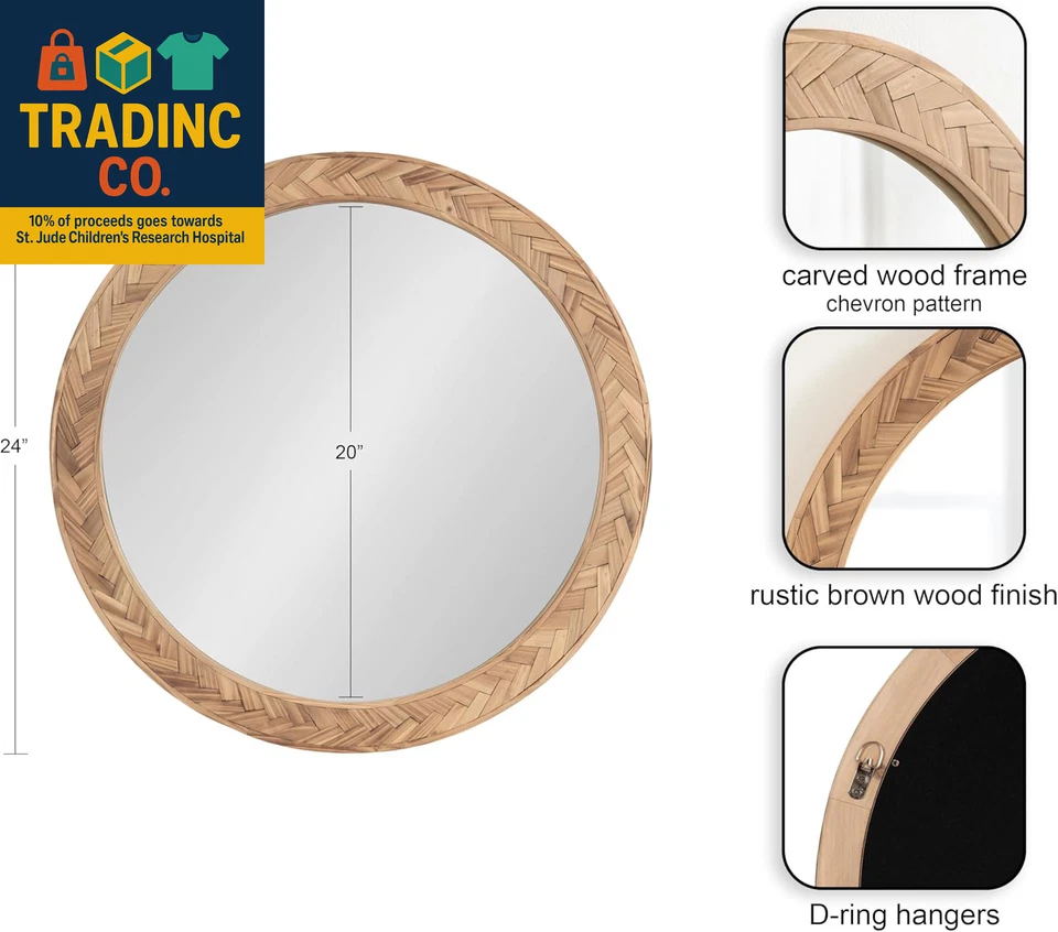 Braywood Modern Pieced Wood round Mirror, 24 Inch Diameter, Rustic Brown, Decora - Image 2 of 4