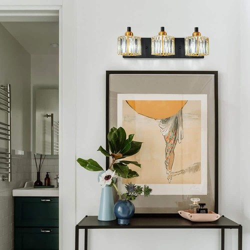 Orillia 18.7 in. 3-Light Black Gold Bathroom Vanity Light with Crystal Shades - Picture 8 of 12