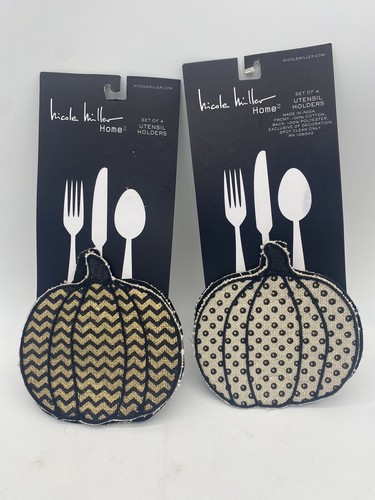 Nicole Miller Utensil Holders Halloween Pumpkins Black Gold New Unused 2 Sets - Picture 6 of 11