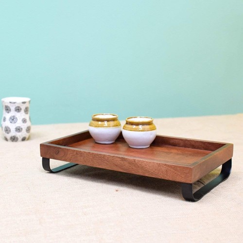 Premium Wooden Serving Tray/Platter with Black Metal Stand Mahogany Finish Gift - Picture 10 of 14