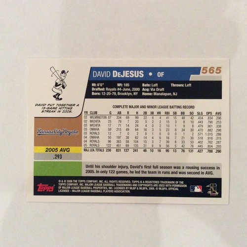 2006 Topps #565 David DeJesus Kansas City Royals - Bild 2 von 2