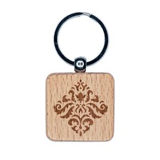 Decorative Floral Diamond Pattern Engraved Wood Square Keychain Tag Charm