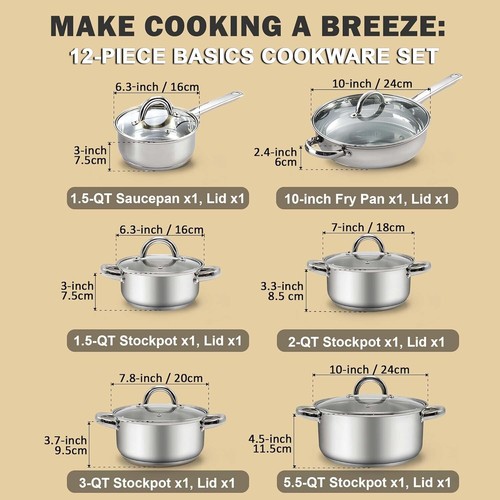 Kitchen Cookware Sets, 12-Piece Basic Stainless Steel Pots and Pans, Silver - Picture 2 of 8