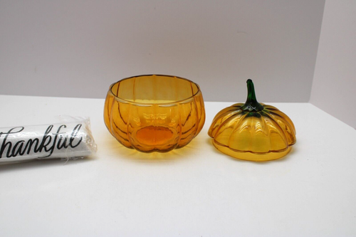 NEU Hallmark Kürbis Glas Bonboniere mit Deckel und dankbarem Geschirrtuch Geschenkset - Bild 2 von 16