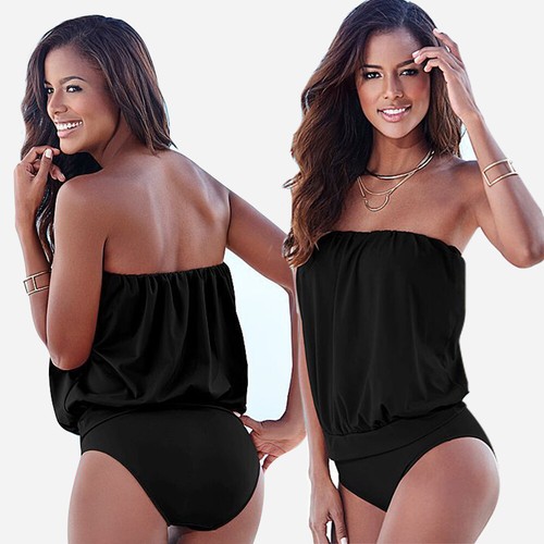 Set costume da bagno bikini pezzo unico costume da bagno donna fascia senza spalline taglie forti spiaggia - Foto 4 di 19
