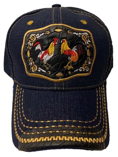 Rodeo Cowboy Bear Eagle Rooster Cock Fight Faux Leather Cotton Jean Cap Hat - Picture 10 of 14