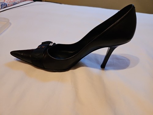 Vintage 90's CHRISTIAN DIOR Paris Blk Leather Monogram Webbing Logo Pumps us 6.5 - Picture 10 of 14