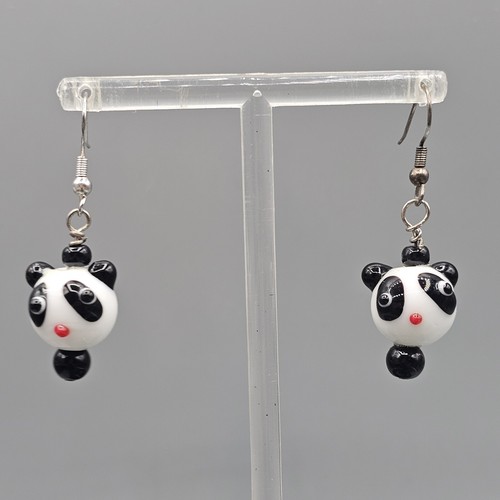 Panda Art Glass Earrings Pierced Ear Dangle Kawaii Bead Head - Picture 1 of 7