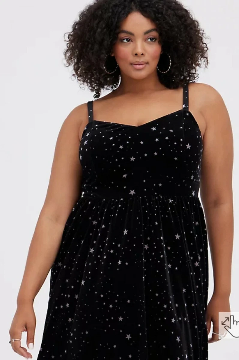 NWT Torrid Plus Size 0 Large SKATER MIDI DRESS - VELVET STARS BLACK