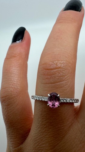 18CT WHITE GOLD SOLITAIRE OVAL PINK SAPPHIRE AND DIAMONDS RING 0.58CT GG307 - Picture 10 of 19