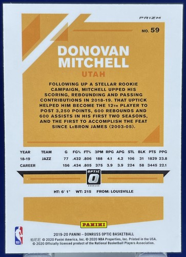 NBA Donruss Optic 2019-20 DONOVAN MITCHELL UTAH JAZZ SILVER HOLO PRIZM Paralelo - Imagen 2 de 2