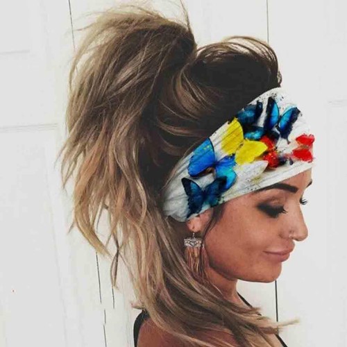 Wide Boho Headbands Headwrap Butterfly Stretch Button Hair Bands Bandana Yoga - Picture 2 of 6