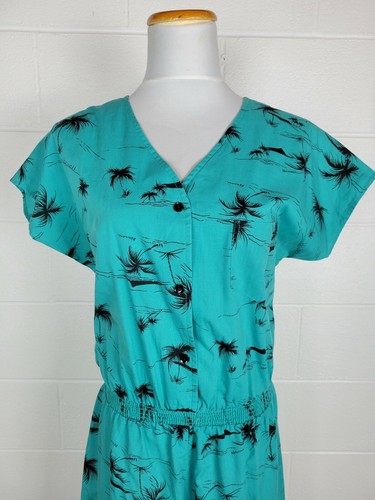 Vtg Hilo Hattie Hawaiian Green Blue Palm Tree Romper L? - Picture 2 of 9