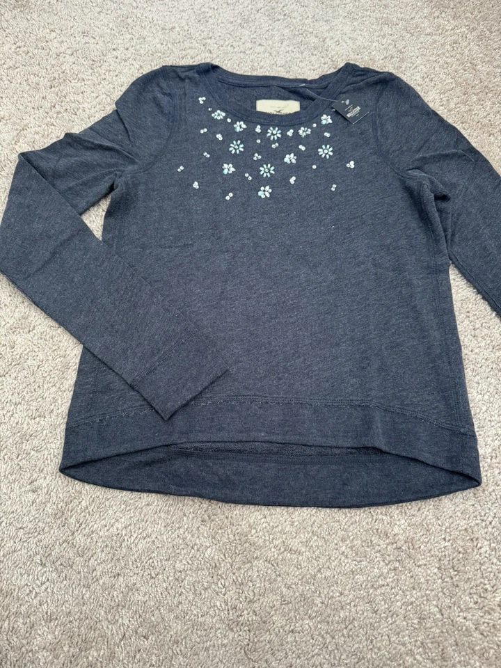NUEVO CON ETIQUETAS Hollister Lentejuelas Escote con Cuentas Para Mujer Pullover Sudadera Azul Marino Talla S Foto 2 de 4