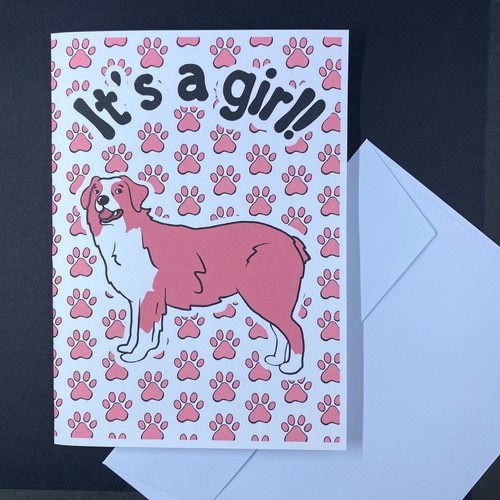 Australian Shepherd Dog Its a Girl Announcement Card Handmade Baby Shower Gift - Picture 2 of 5
