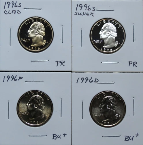 1996P BU+, 1996D BU, 1996S Clad PR, 1996S Silver PR Wash. QTS 5A17DPC-1-2-3-4